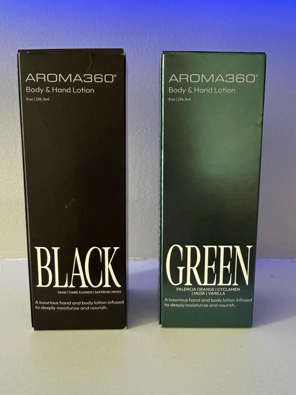 AROMA360 Set of Two Green & Black Body & Hand Lotion NEW Sealed